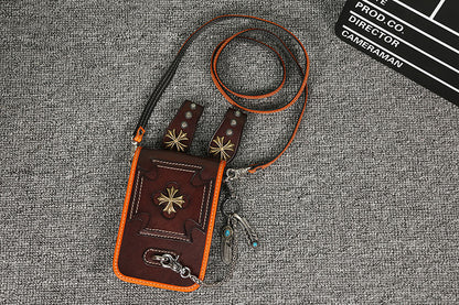 Leather Crossbody Phone Bag with Gothic Cross Hardware
