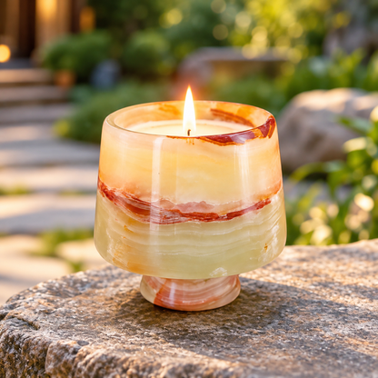 Marble Candle Cup Holder with Pedestal Base and Layered Stone