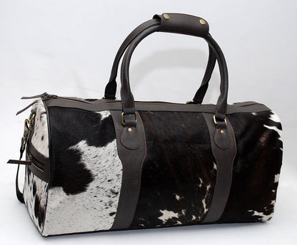 Black White Cow Fur Overnight Bag