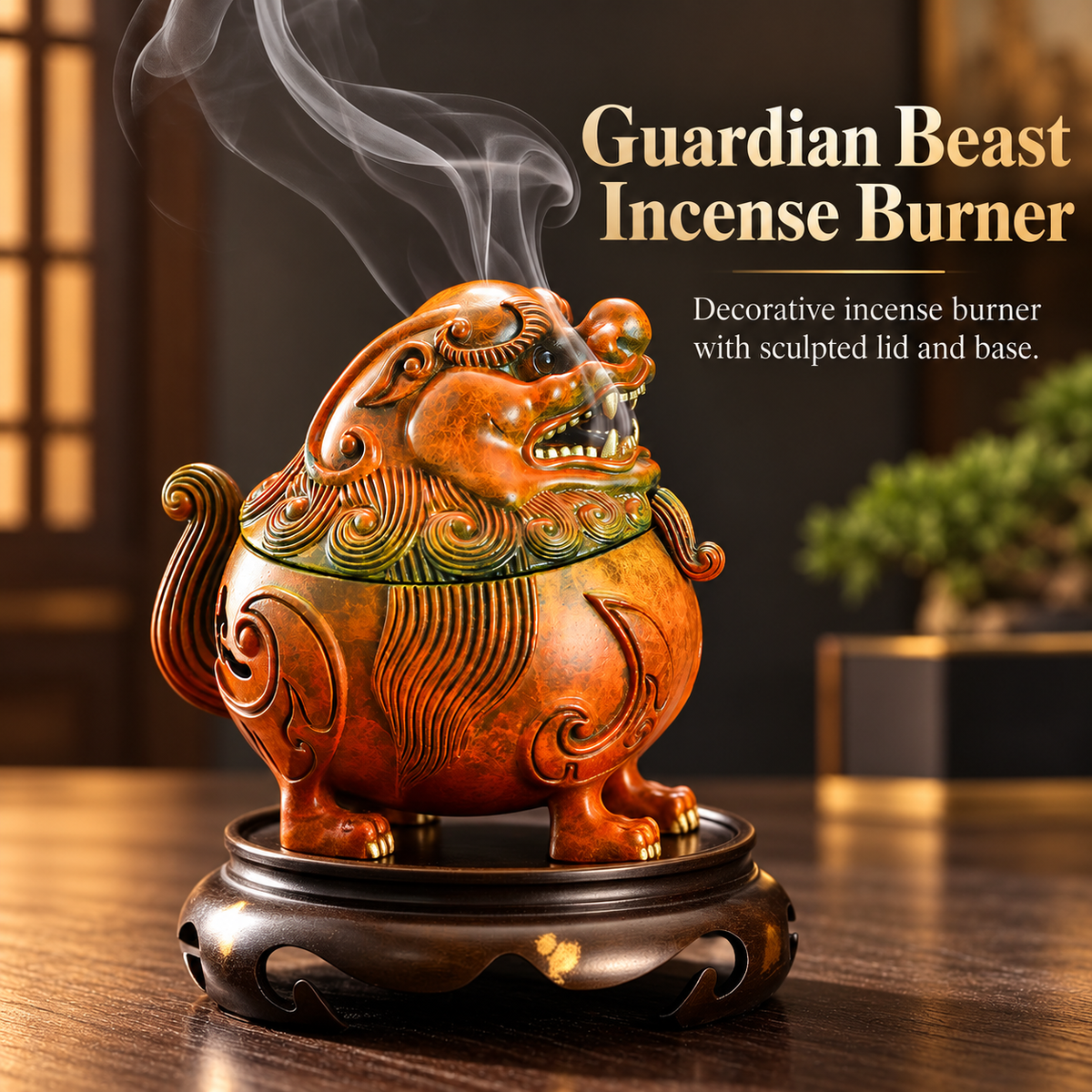 Incense Burner in Antique Brass Lion Design with Sculpted Lid