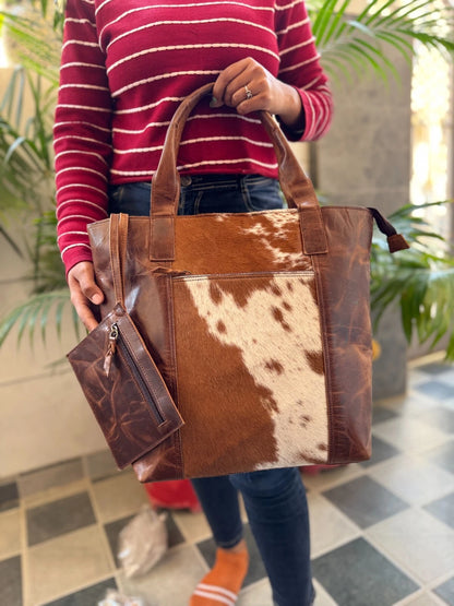 large cowhide tote bags brown white
