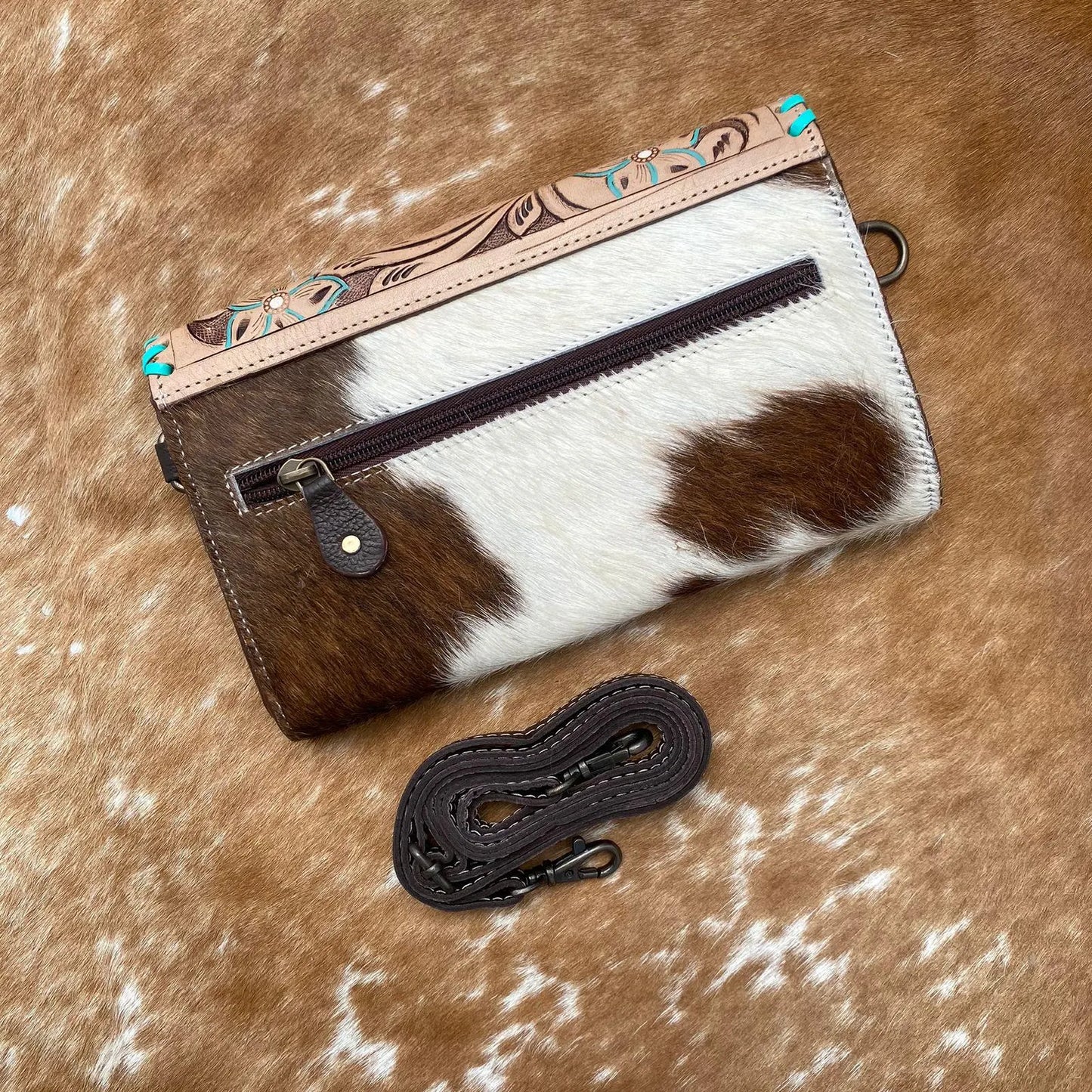 Tooled Cowhide Wallet Brown White