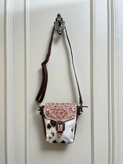 Cowhide crossbody bag with tooled leather