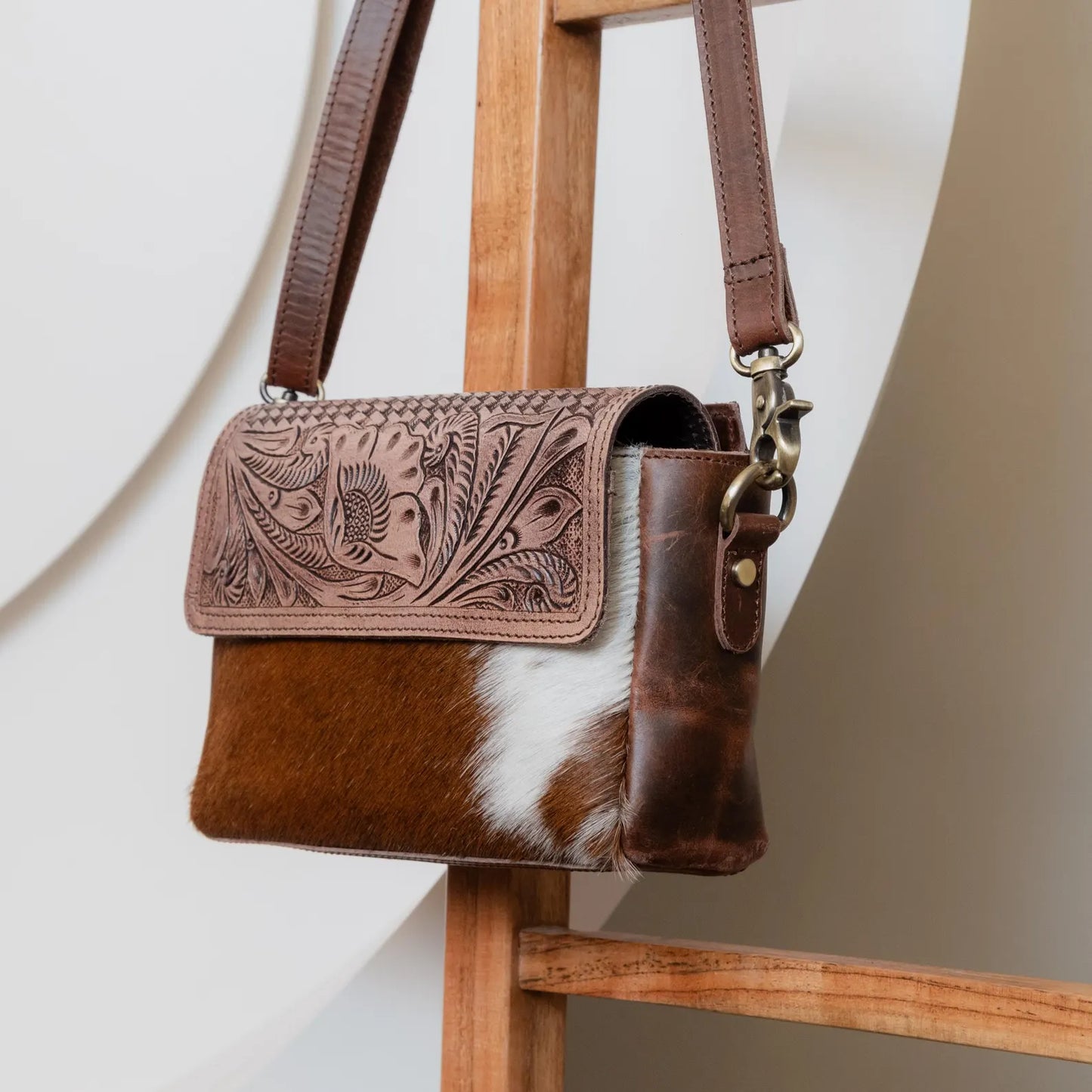 Genuine Cowhide Crossbody Bag With Tooled Leather