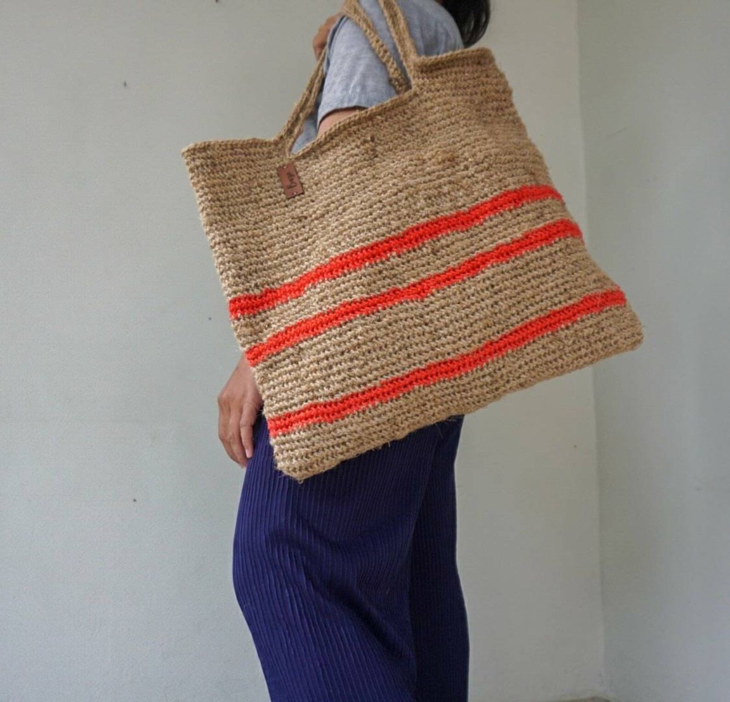 Large jute crochet shoulder bag crochet with stripe