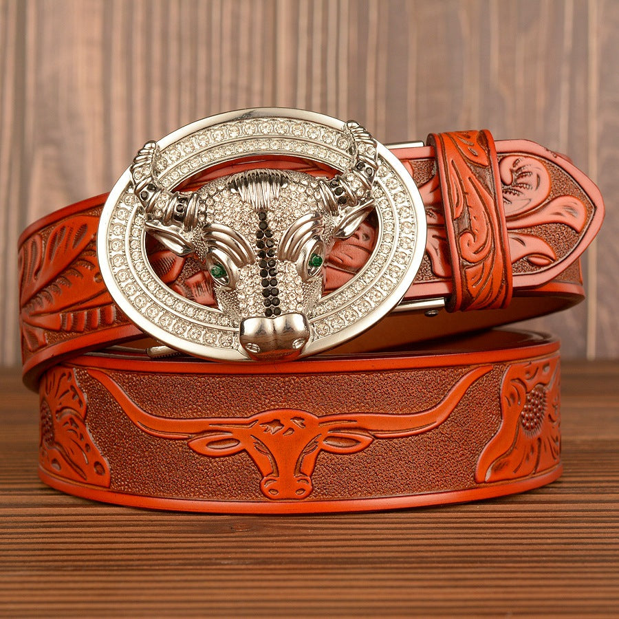 Men’s Leather Cowboy Belt with Bull Head Buckle