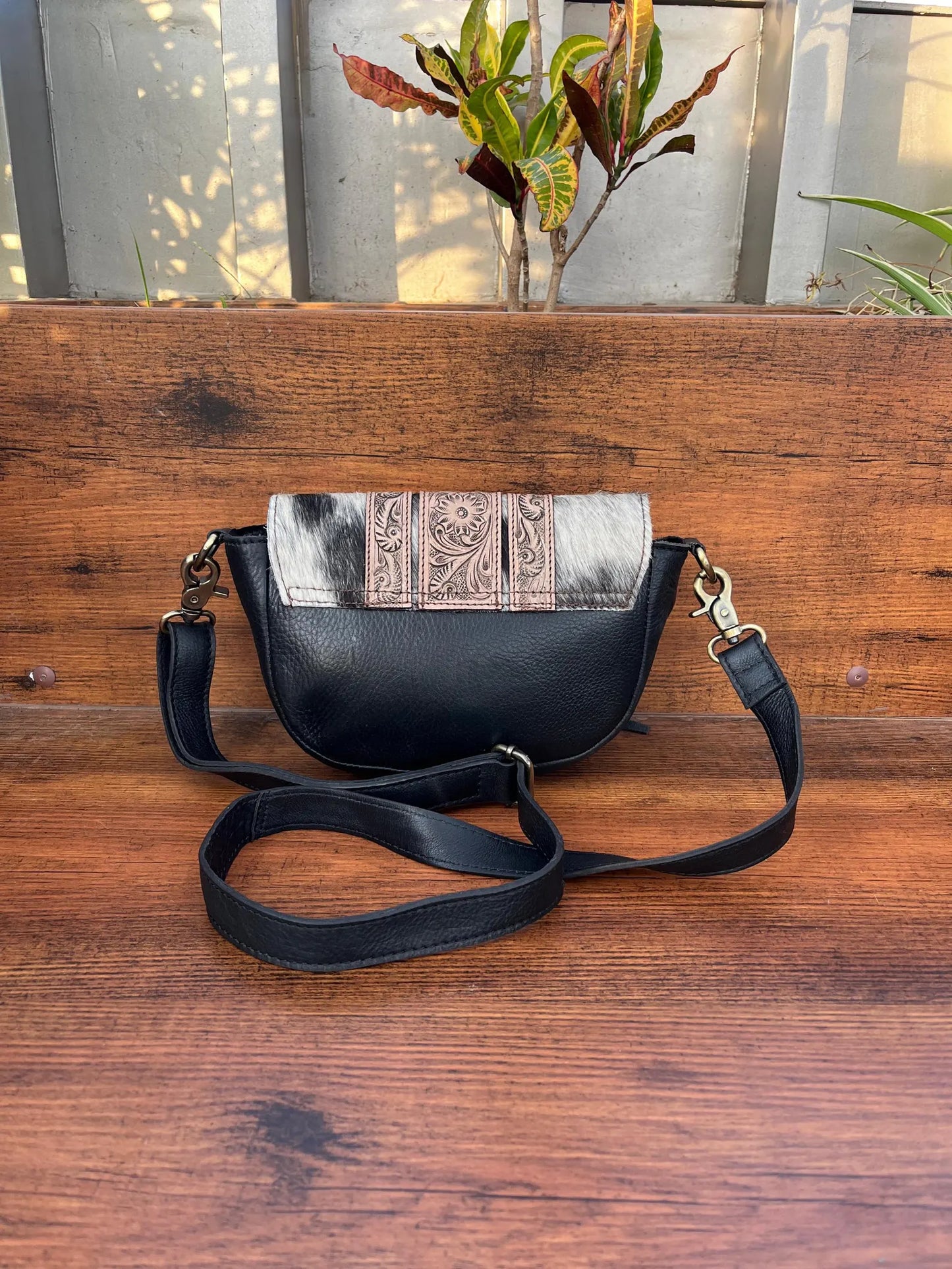 Cowhide crossbody bag tooled leather