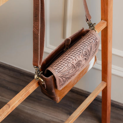 Handmade Tooled Leather Crossbody Bag with Cowhide Fur