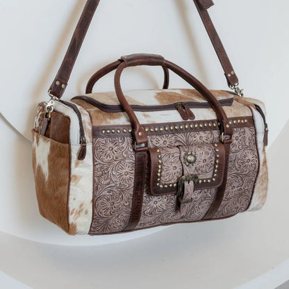 Cowhide Travel Weekender Bag With Tooled Leather