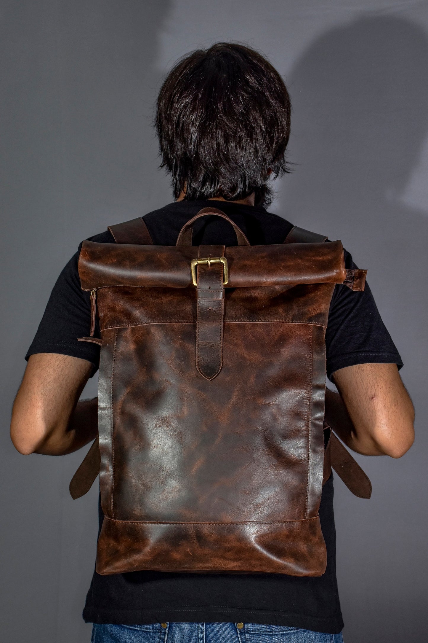 Real leather roll top backpack rucksack