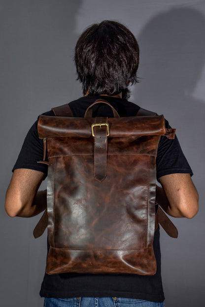 Real leather roll top backpack rucksack