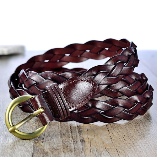 Slim Brown Braided Leather Waist Belt with Gold Buckle