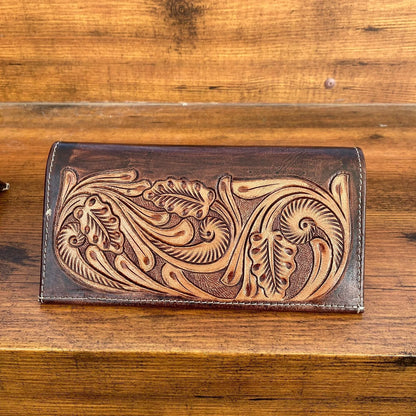 tooled leather long wallet bifold