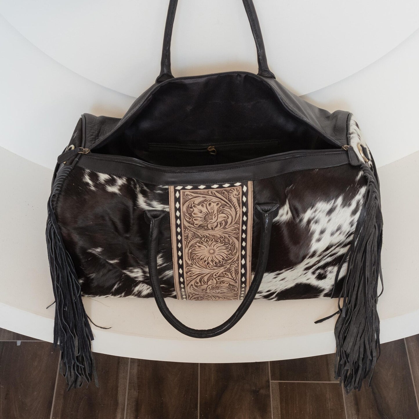 Tooled Leather Cowhide Travel Bag With Fringes