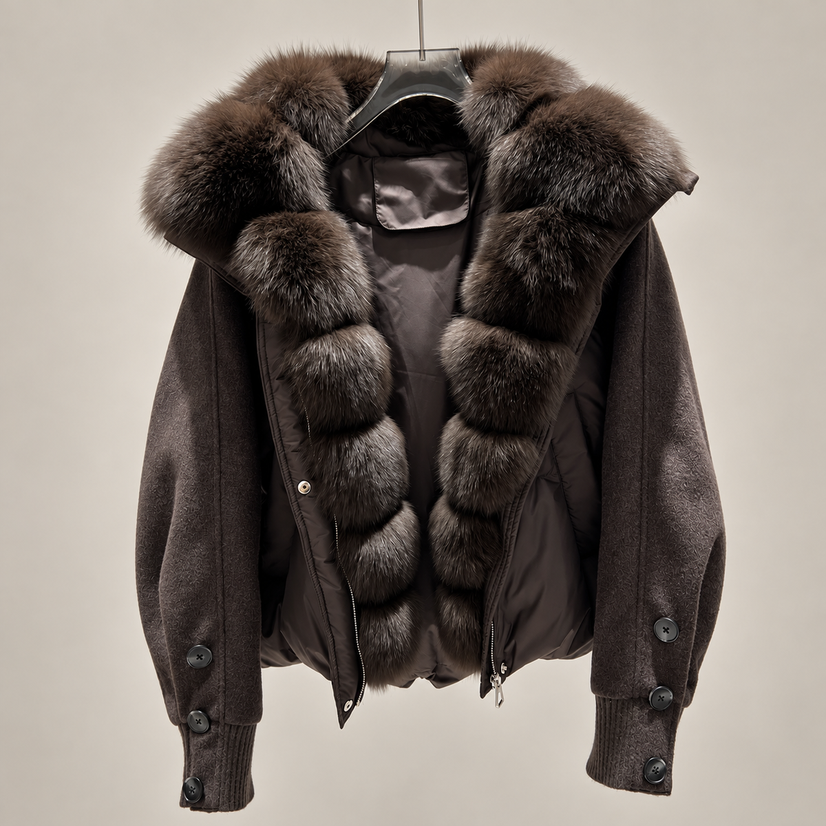 Fur Collar Jacket for Women with Duck Down and Wool Sleeves