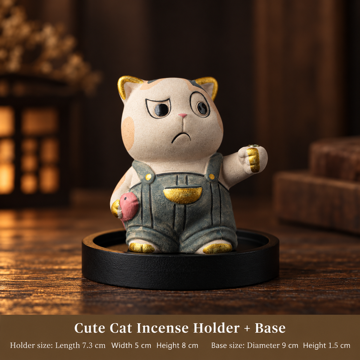 Stick Incense Holder Cute Cat Figurine with Optional Round Tray 2
