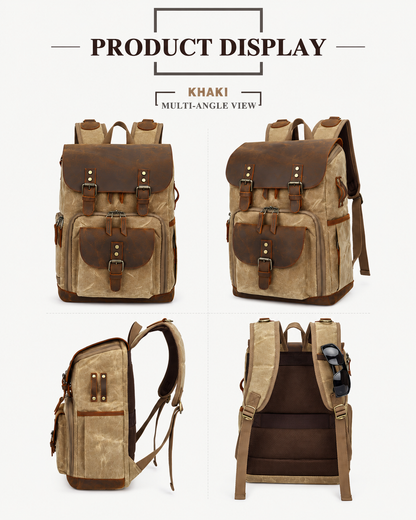 Vintage Canvas Leather Camera Backpack with Dual Buckles and Dividers