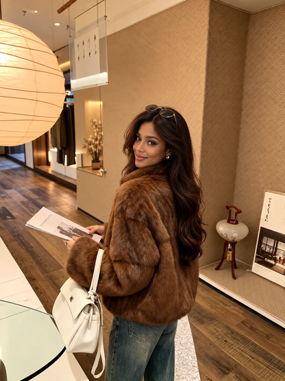 Rabbit Fur Jackets for Women Short Stand Collar Winter Coat