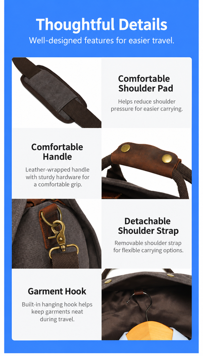 Canvas Garment Bag with Top-Grain Cowhide Leather and Foldable Suit Carrier