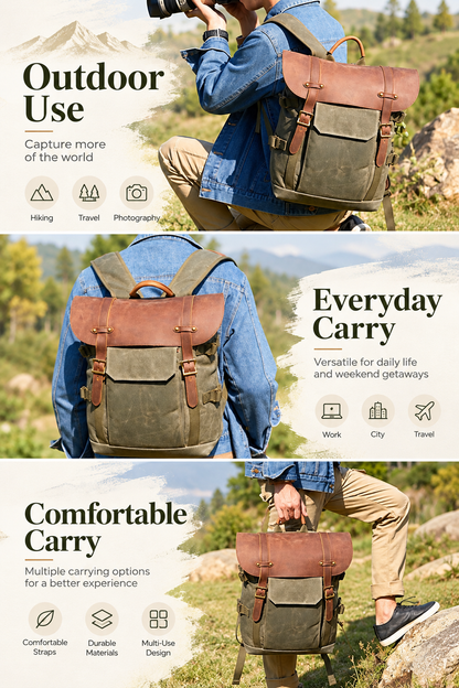 Waxed Canvas Leather Backpack with Removable Camera Insert and Dividers