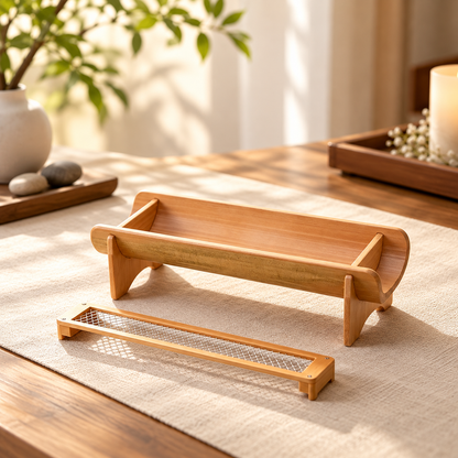 Bamboo Incense Stick Holder with Removable Metal Mesh Ash Tray