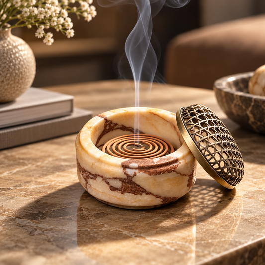 Incense Burner in Natural Marble with Decorative Metal Dome Lid