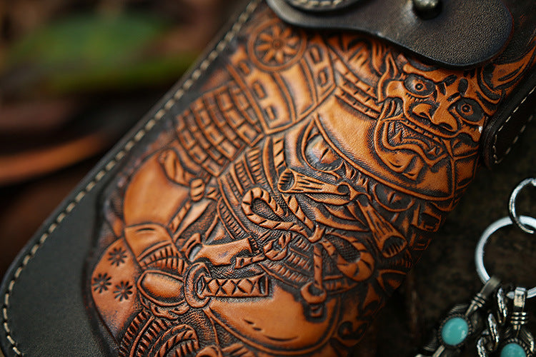 Tooled Leather Wallet for Men with Samurai Engraved