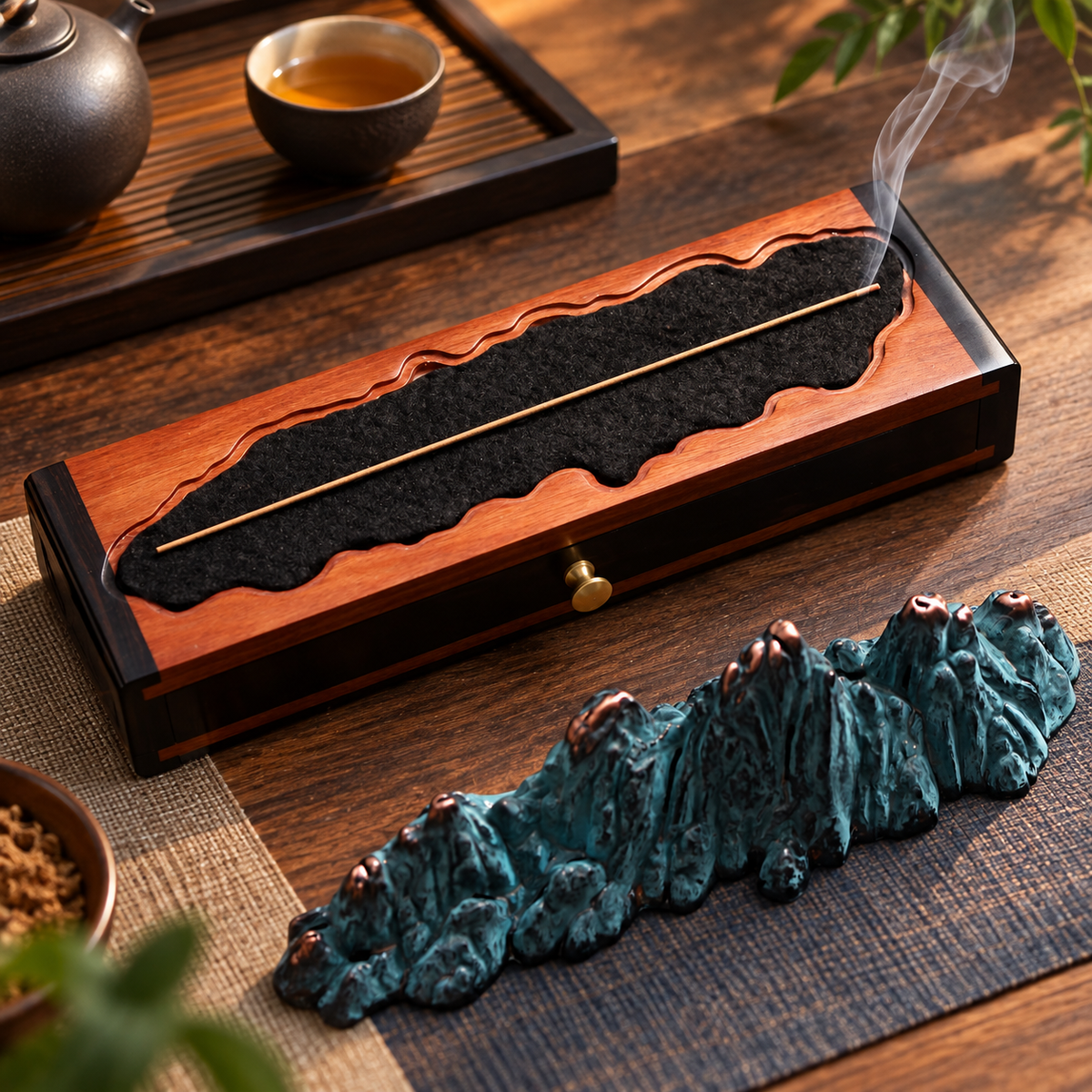 Incense Box with Mountain Landscape and Storage Drawer