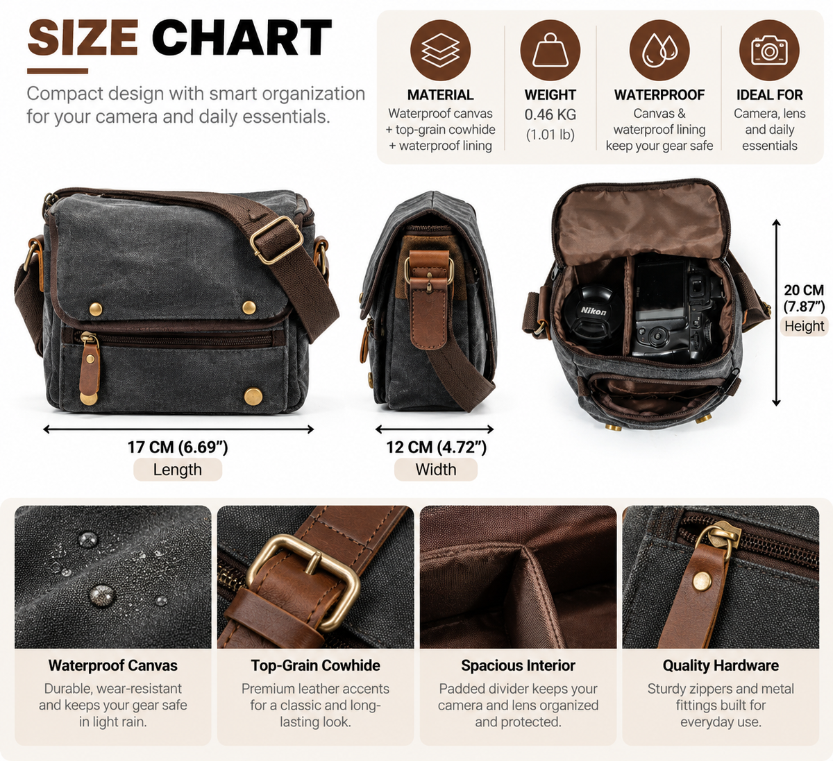 Small Canvas Messenger Bag with Padded Camera Divider and Leather Buckles