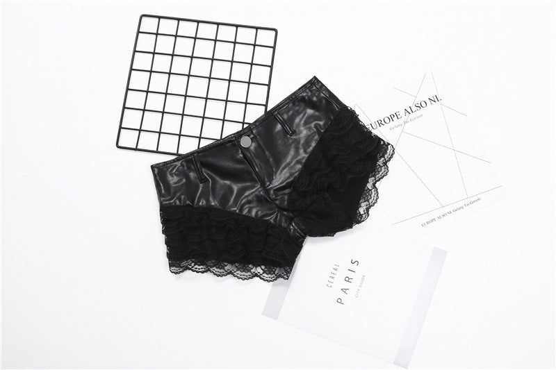 Black Faux Leather Shorts with Lace Trim Ultra Low Waist