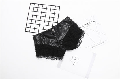 Black Faux Leather Shorts with Lace Trim Ultra Low Waist