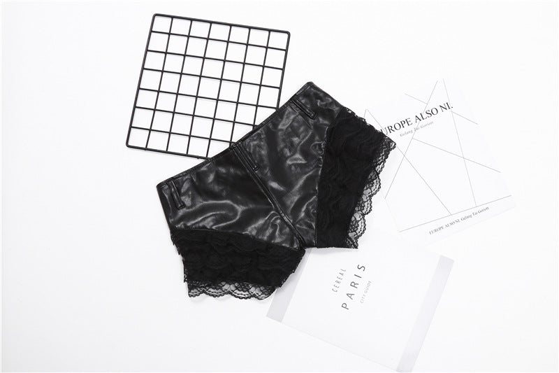 Black Faux Leather Shorts with Lace Trim Ultra Low Waist