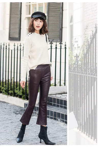 Women High Waisted Cropped Flare Leather Pants Brown S