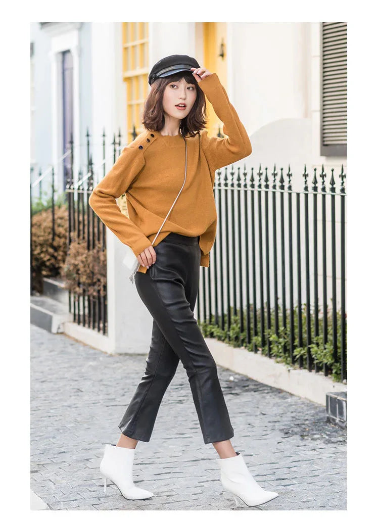 Women High Waisted Cropped Flare Leather Pants