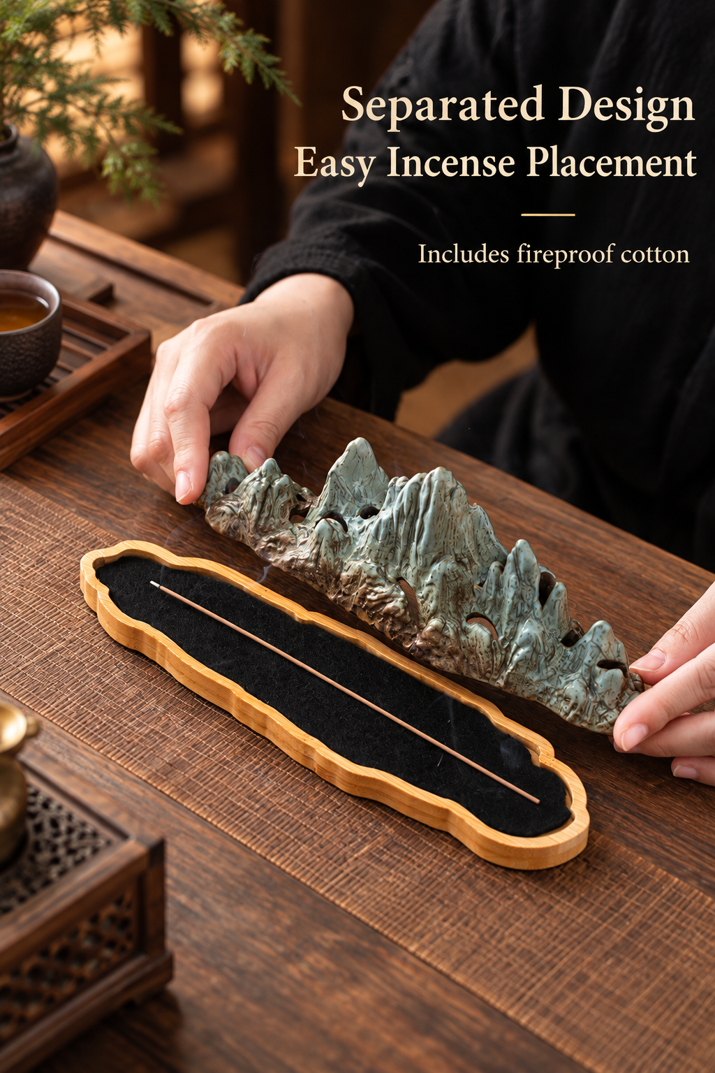 Mountain Incense Burner with Ceramic Landscape and Bamboo Base