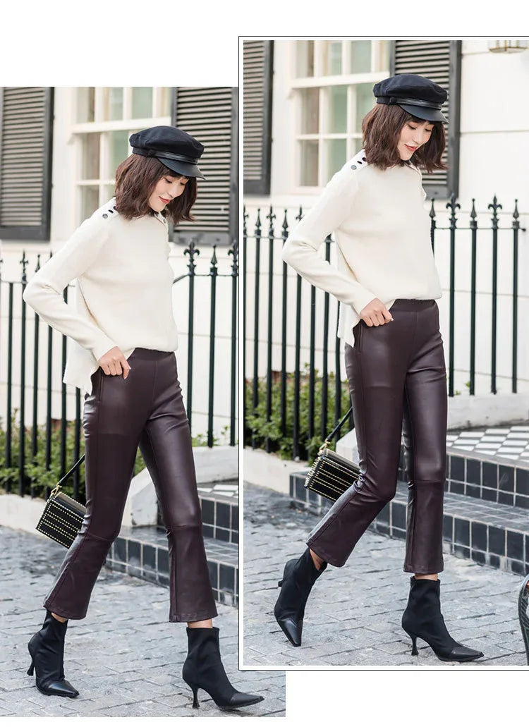 Women High Waisted Cropped Flare Leather Pants
