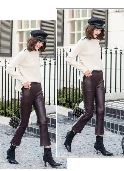 Women High Waisted Cropped Flare Leather Pants