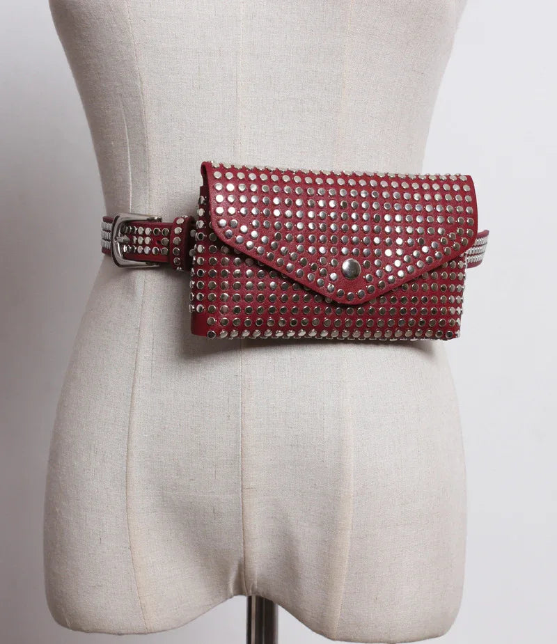 Studded punk pu leather waist phone bag