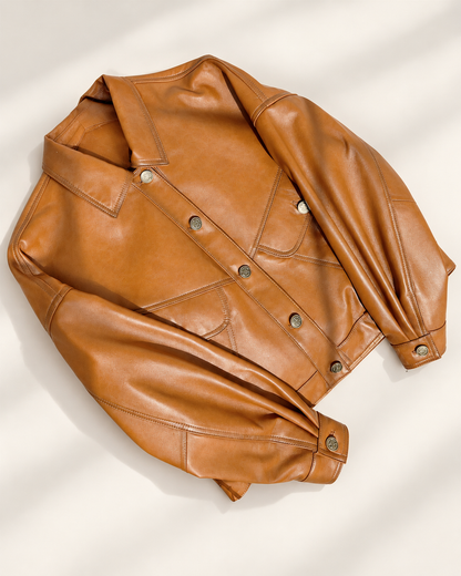 Women's Cropped Leather Jacket in Lambskin with Relaxed Moto Style