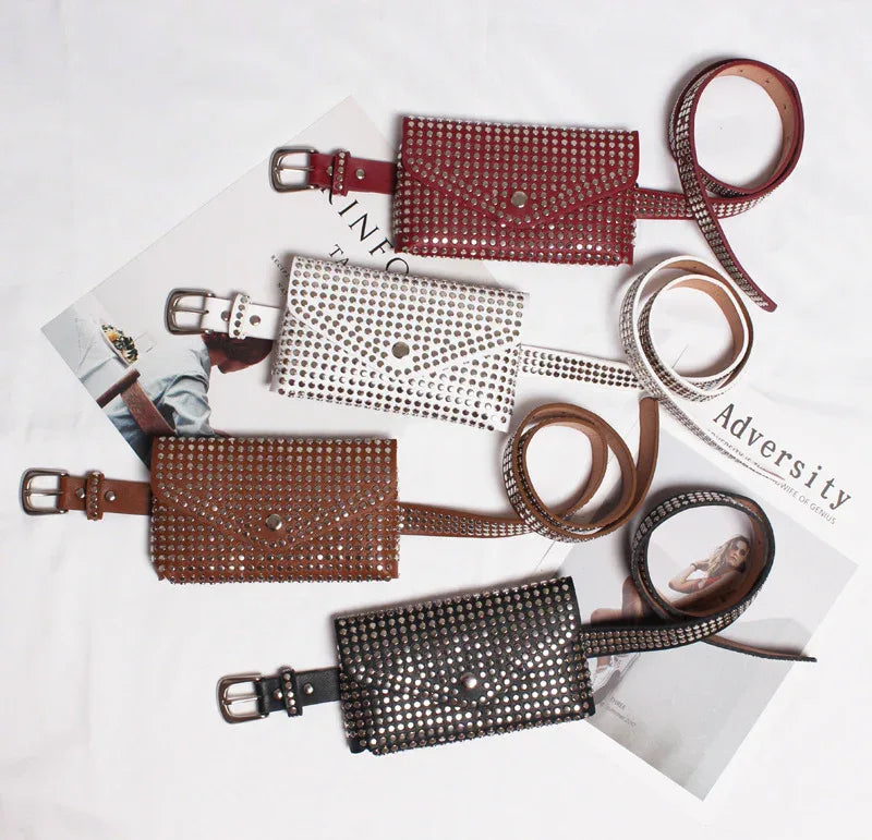 Studded punk pu leather waist phone bag