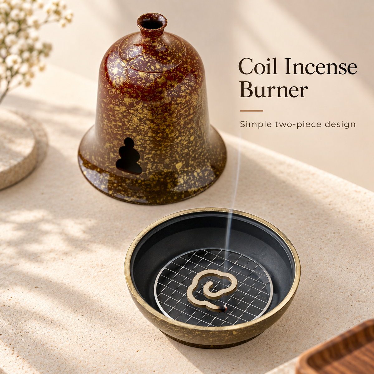 Coil Incense Burner with Removable Cover and Internal Mesh Tray