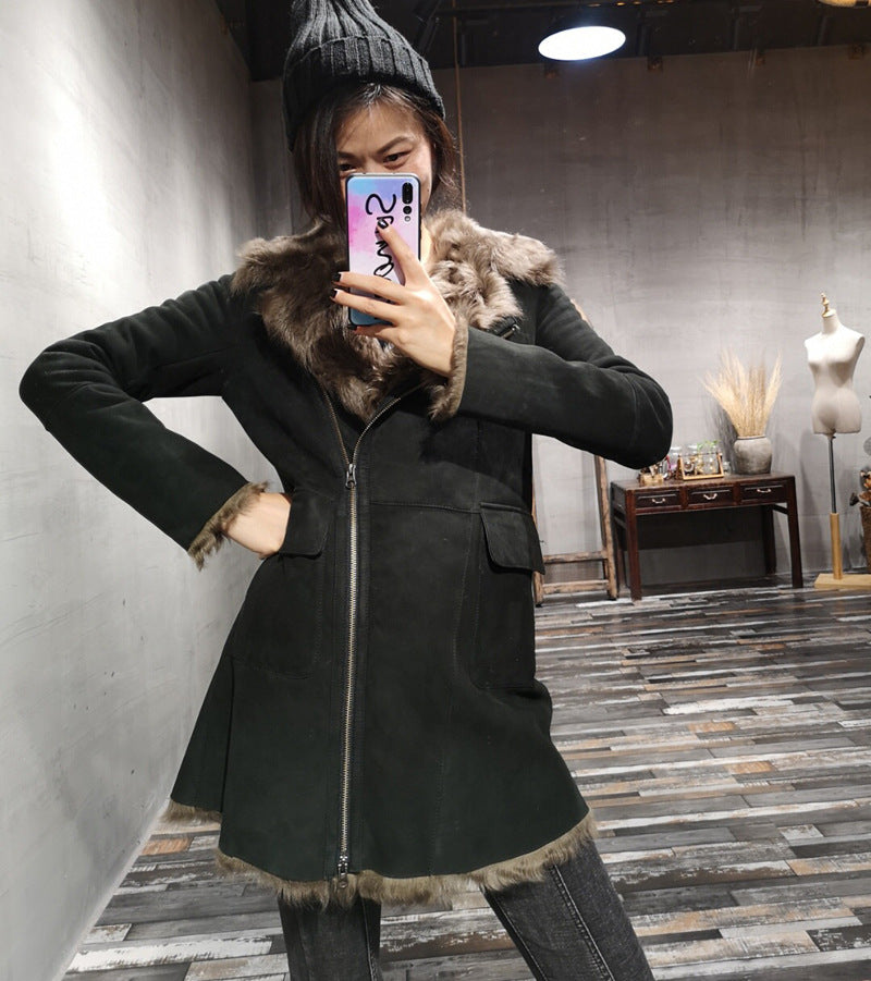 Women’s Genuine Suede Fur Lined Sheepskin Long Coat