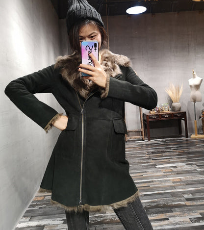 Women’s Genuine Suede Fur Lined Sheepskin Long Coat