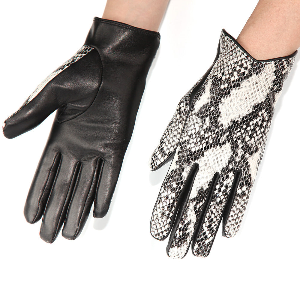 Women’s Leather Gloves Winter Lambskin Python Pattern Touchscreen