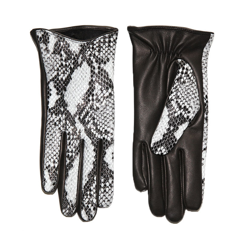 Women’s Leather Gloves Winter Lambskin Python Pattern Touchscreen