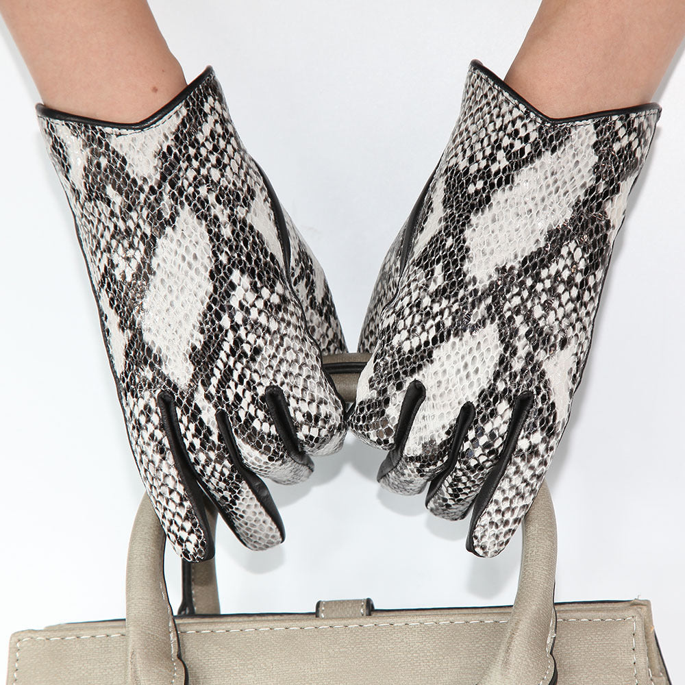 Women’s Leather Gloves Winter Lambskin Python Pattern Touchscreen