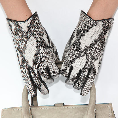 Women’s Leather Gloves Winter Lambskin Python Pattern Touchscreen