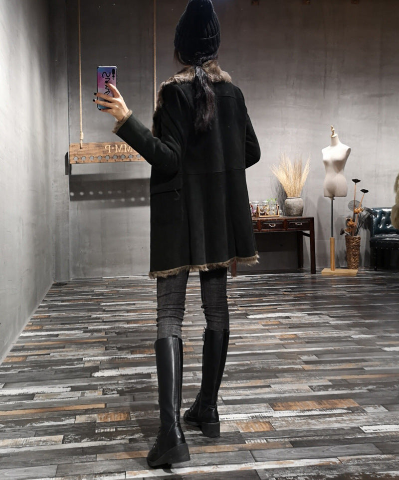 Women’s Genuine Suede Fur Lined Sheepskin Long Coat