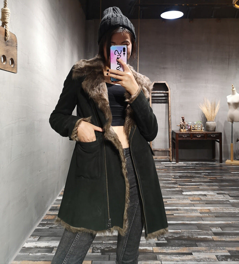 Women’s Genuine Suede Fur Lined Sheepskin Long Coat