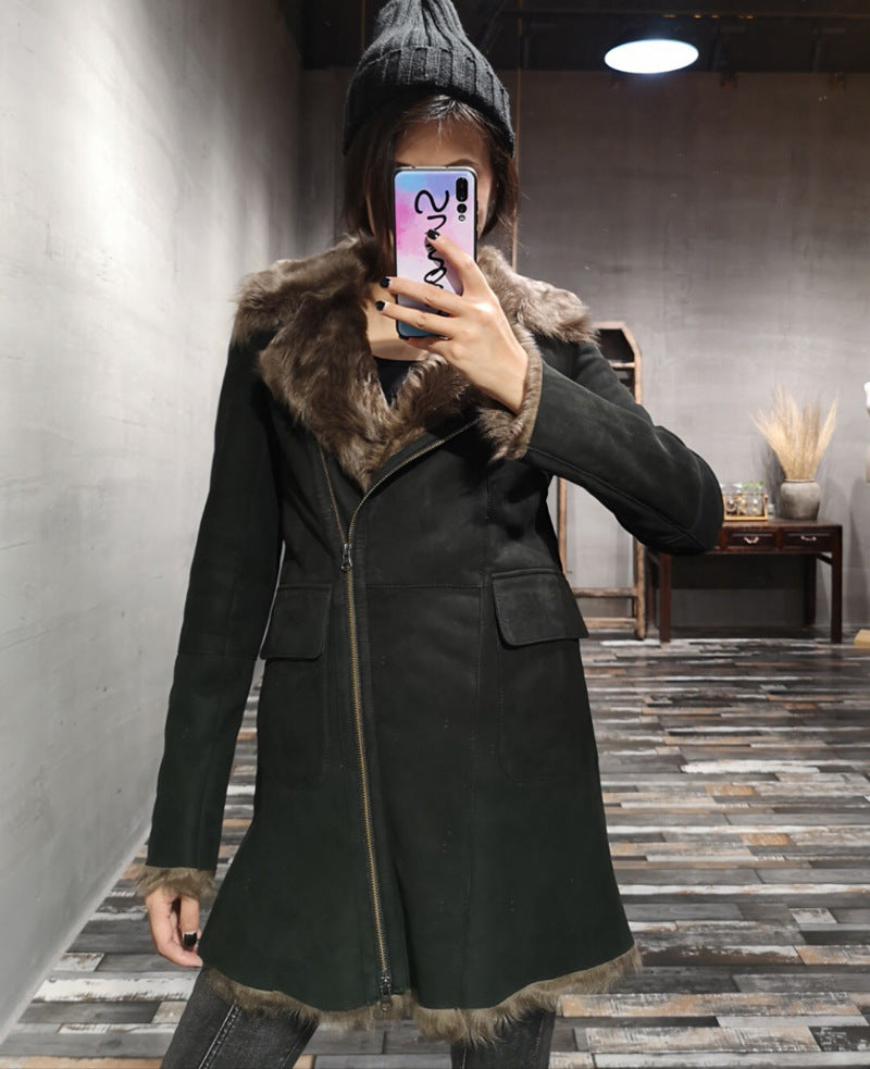 Women’s Genuine Suede Fur Lined Sheepskin Long Coat